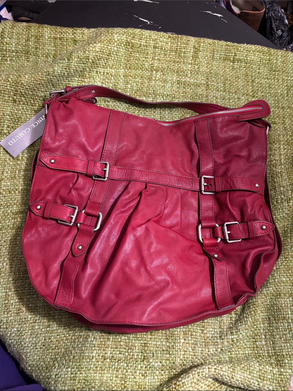 Vince Camuto Red Leather Buckle Hobo Shoulder Bag